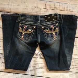 NWOT Miss Me Cross Colorful Bling Pockets Low Rise Standard Bootcut Jeans 26